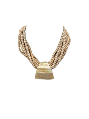 Multi-Strand Natural Wooden Beaded Necklace Trapezoidal Mother Of Pearl Pendant